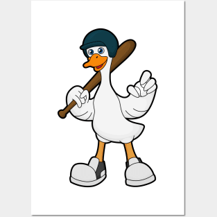 Duck at Baseball with Baseball racket & Helmet Posters and Art